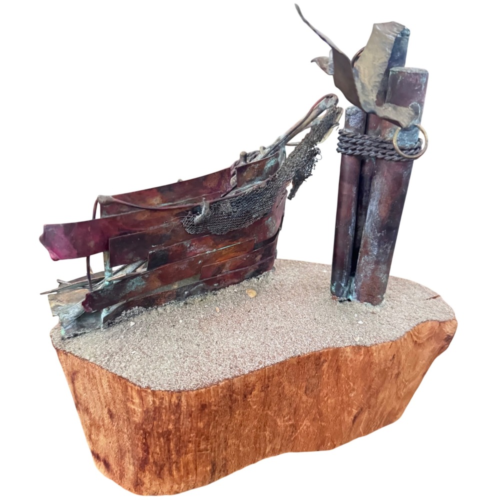 Copper Brass Shipwreck Sculpture Malted Wood Base Nautical Brutalist Signed MCM - Picture 4 of 10